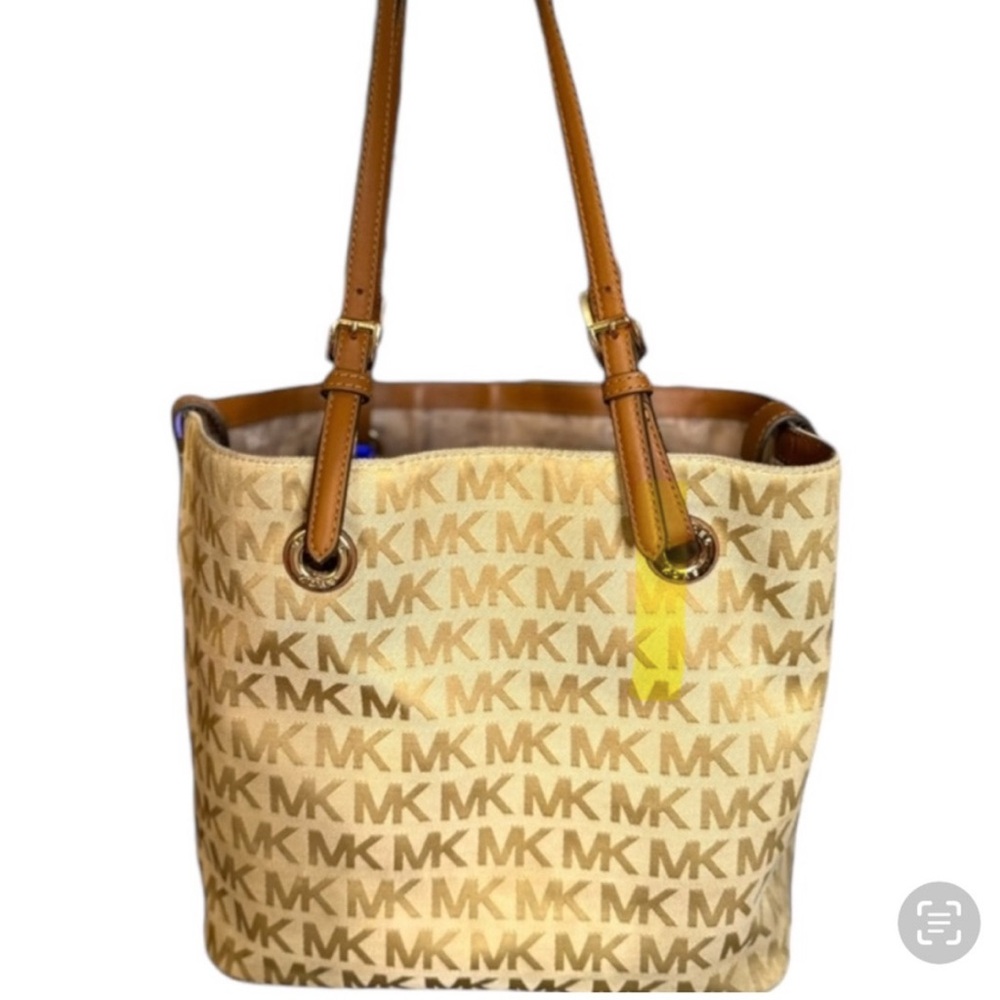 Michael Kors Signature Monogram MK Logo Canvas Leather Jet Set Medium Tote